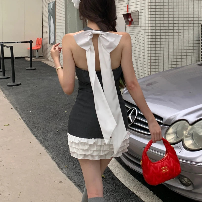 2024 Summer Y2K A-Line Skirt & Bow Backless Camisole Set - Trendy Pleated Streetwear Outfit