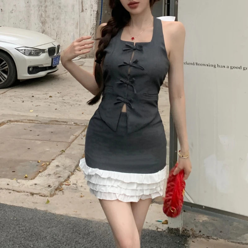 2024 Summer Y2K A-Line Skirt & Bow Backless Camisole Set - Trendy Pleated Streetwear Outfit