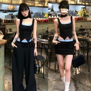 2024 Summer Y2K Aesthetic Backless 2-Piece Skirt Set: Bow Sleeveless Top & Slim Mini Skirt