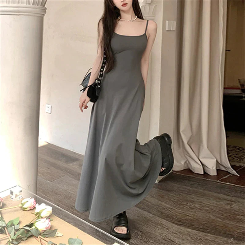 2024 Summer Y2K Aesthetic Grey Sling Dress - Slim Fit Casual Sleeveless Fashion