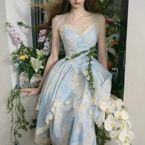 2024 Summer Y2K Aesthetic Midi Dress with Irregular Lace for Elegant Holiday Parties