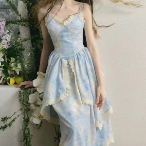 2024 Summer Y2K Aesthetic Midi Dress with Irregular Lace for Elegant Holiday Parties