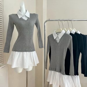 2024 Summer Y2K Aesthetic Preppy Style Mini Knitted Dress with Long Sleeve for Women