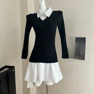 2024 Summer Y2K Aesthetic Preppy Style Mini Knitted Dress with Long Sleeve for Women