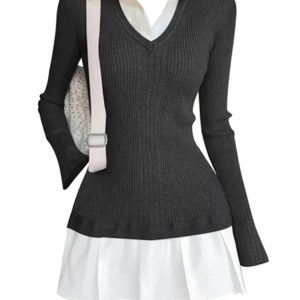 2024 Summer Y2K Aesthetic Preppy Style Mini Knitted Dress with Long Sleeve for Women