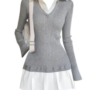 2024 Summer Y2K Aesthetic Preppy Style Mini Knitted Dress with Long Sleeve for Women