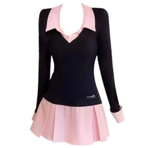 2024 Summer Y2K Aesthetic Preppy Style Mini Knitted Dress with Long Sleeve for Women