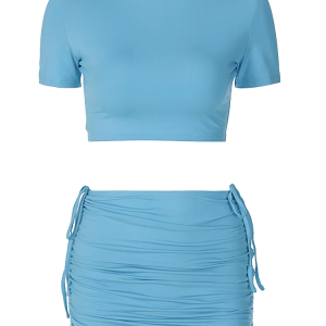 2024 Summer Y2K Aesthetic Solid Drawstring Two-Piece Set: Short Sleeve Top & Mini Skirt