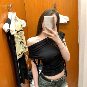 2024 Summer Y2K Crop Tops for Women - Casual Short Sleeve Slash Neck Blouse in Korean Fashion