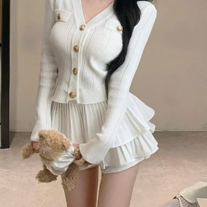 2024 Summer Y2K Fashion Black Knitted 2-Piece Sweater & Mini Skirt Set for Casual Elegance