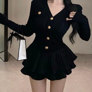 2024 Summer Y2K Fashion Black Knitted 2-Piece Sweater & Mini Skirt Set for Casual Elegance