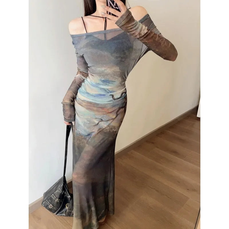 2024 Summer Y2K Fashion Print Pleated Mesh Long-Sleeved Dress & Sexy Slim Black Two-Piece Set