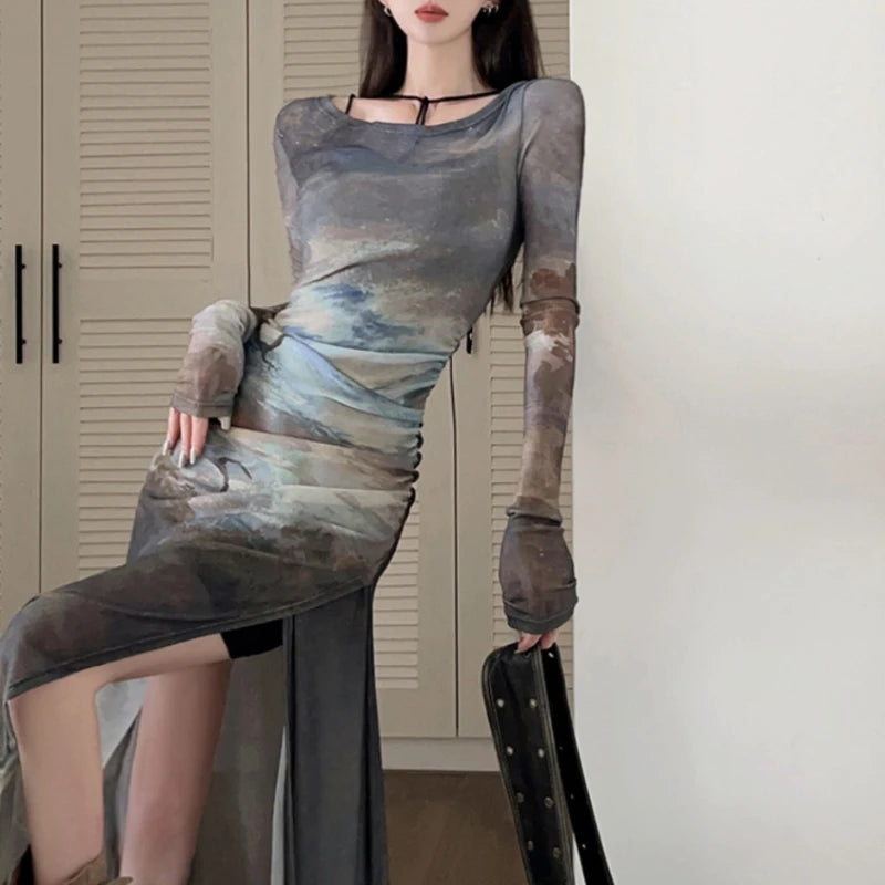 2024 Summer Y2K Fashion Print Pleated Mesh Long-Sleeved Dress & Sexy Slim Black Two-Piece Set