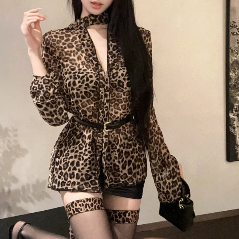 2024 Summer Y2K Fashion V-neck Lace Up Leopard Print Chiffon Long Sleeve Top & Stockings Set