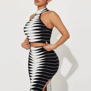 2024 Summer Y2K Fashion Women’s Print Matching Set: Sleeveless Tank Top & High Slit Maxi Skirt