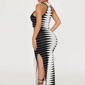 2024 Summer Y2K Fashion Women’s Print Matching Set: Sleeveless Tank Top & High Slit Maxi Skirt