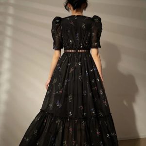 2024 Summer Y2K Floral Midi Dress - Elegant Black Short Sleeve Casual Beach Party Dress