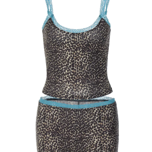 2024 Summer Y2K Leopard Print Matching Set: Spaghetti Strap V-Neck Camisole & Lace Shorts