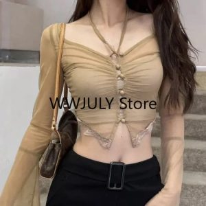 2024 Summer Y2K Off-Shoulder Mesh Crop Tops for Women - Sexy Club Party Blouses Tees