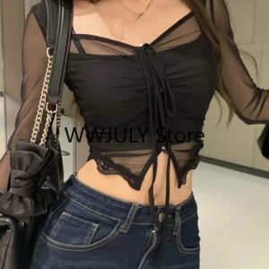 2024 Summer Y2K Off-Shoulder Mesh Crop Tops for Women - Sexy Club Party Blouses Tees