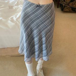 2024 Summer Y2K Vintage Midi Plaid Striped Skirt - Sweet Loose Pleated High Waist Aesthetic