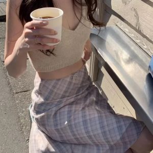 2024 Summer Y2K Vintage Midi Plaid Striped Skirt - Sweet Loose Pleated High Waist Aesthetic