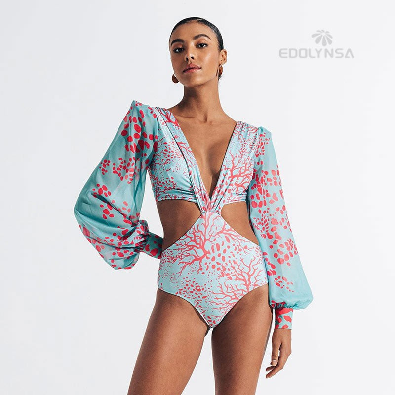 2024 V-Neck Bandage Print Long Sleeve Monokini - Sexy Backless Swimwear for Y2K Aesthetic