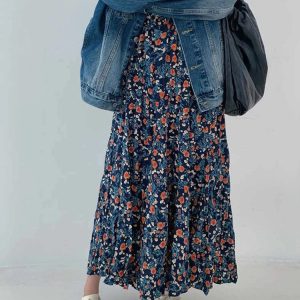 2024 Vintage Blue Floral A-Line Skirt for Women - High Waist, Comfy Mid-Length Summer Style