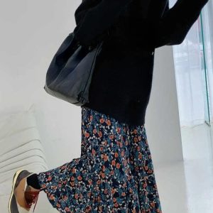 2024 Vintage Blue Floral A-Line Skirt for Women - High Waist, Comfy Mid-Length Summer Style