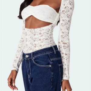 2024 Vintage Lace Floral Off-Shoulder Ruched Crop Top - Y2K Aesthetic Long Sleeve Tee