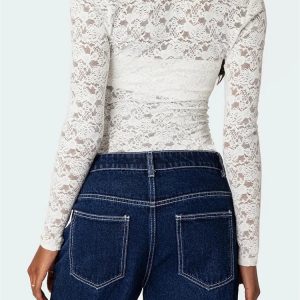 2024 Vintage Lace Floral Off-Shoulder Ruched Crop Top - Y2K Aesthetic Long Sleeve Tee