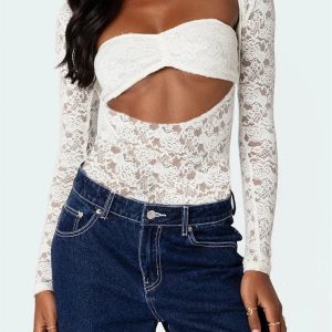 2024 Vintage Lace Floral Off-Shoulder Ruched Crop Top - Y2K Aesthetic Long Sleeve Tee