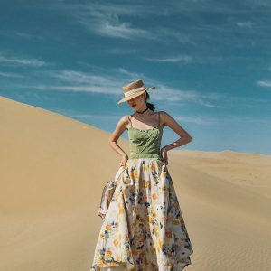 2024 Vintage Print Long Maxi Dress - High Waist Linen Cotton Spaghetti Strap with Big Hem