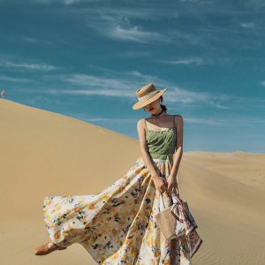 2024 Vintage Print Long Maxi Dress - High Waist Linen Cotton Spaghetti Strap with Big Hem