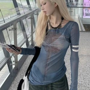 2024 Vintage Print Y2K Aesthetic Fairy Grunge Tops - Slim Fit See-Through Slash Neck T-Shirt