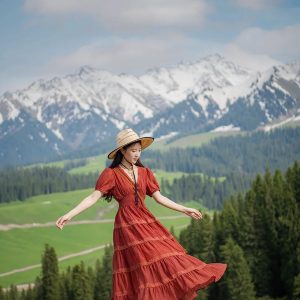 2024 Vintage Summer Linen Women’s High Waist Red Dress with Puff Sleeves & V-Neck Patchwork