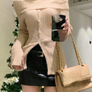 2024 Winter Red Casual Knitted Sweater - Y2K Style Elegant Long Sleeve Pullover for Office Fashion