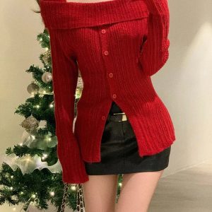 2024 Winter Red Casual Knitted Sweater - Y2K Style Elegant Long Sleeve Pullover for Office Fashion