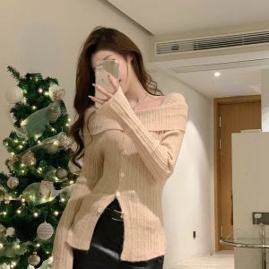 2024 Winter Red Casual Knitted Sweater - Y2K Style Elegant Long Sleeve Pullover for Office Fashion