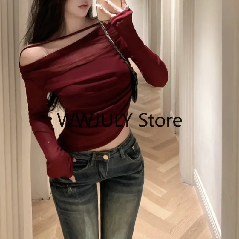 2024 Women’s Red Y2K Crop Top - Vintage Korean Retro Off-Shoulder Knit Tee for Streetwear Fashion