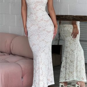 2024 Women’s Summer V-Neck Lace Floral Slim Fit Spaghetti Strap Party Dress