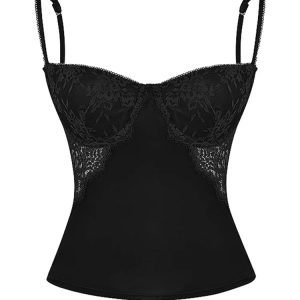 2024 Y2K Aesthetic Black Lace Patchwork Camisole - Slim Fit V-Neck See-Through Crop Top