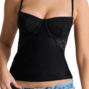 2024 Y2K Aesthetic Black Lace Patchwork Camisole - Slim Fit V-Neck See-Through Crop Top