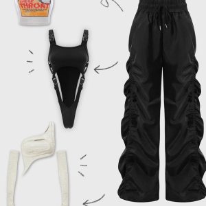 2024 Y2K Aesthetic Black Wrinkled Bottom Cargo Pants for Trendy Street Style