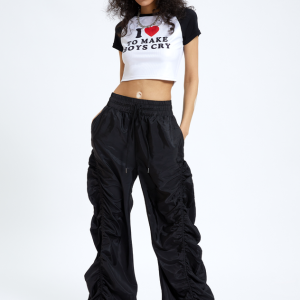 2024 Y2K Aesthetic Black Wrinkled Bottom Cargo Pants for Trendy Street Style