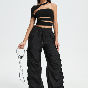 2024 Y2K Aesthetic Black Wrinkled Bottom Cargo Pants for Trendy Street Style