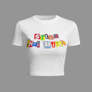 2024 Y2K Aesthetic Crew Neck Short Sleeve T-Shirt with Trendy Text Design