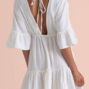 2024 Y2K Aesthetic Deep V-Neck Flare Sleeve High Waist Mini Dress for Summer Beach Wear