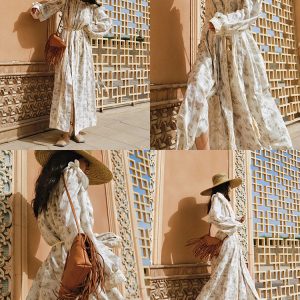 2024 Y2K Aesthetic Embroidered Long Lantern Sleeve Maxi Dress with Lace and Button Closure