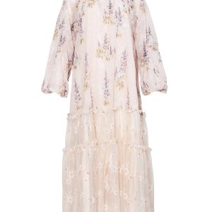 2024 Y2K Aesthetic Embroidery Long Lantern Sleeve Maxi Dress in Lace & Chiffon for Spring/Fall